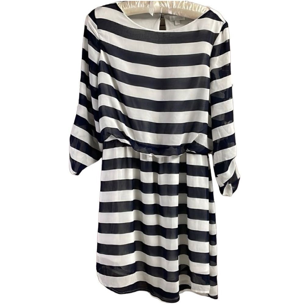 Charming Charlie Ladies Flowy Horizontal Striped Mini Dress, Size M, Black White